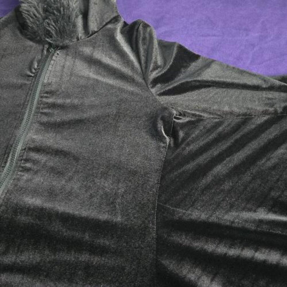 ROMWE PUNK Zip Up Fuzzy Trim Hooded Velvet Bat Shaped Coat - Picture 4 of 6